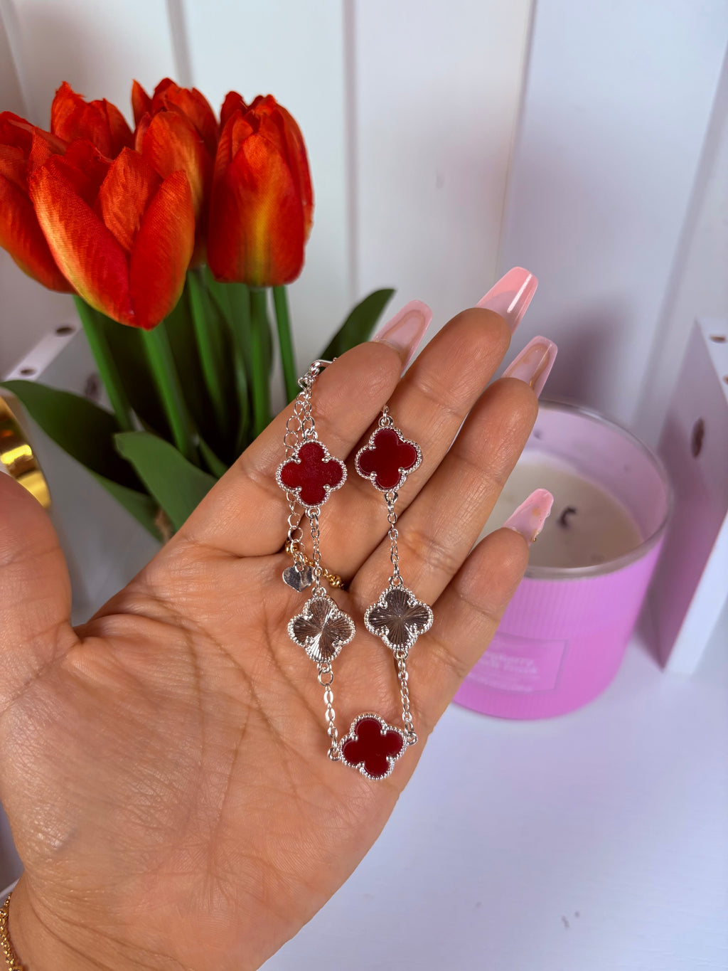 Small clover bracelet (burgundy & silver)