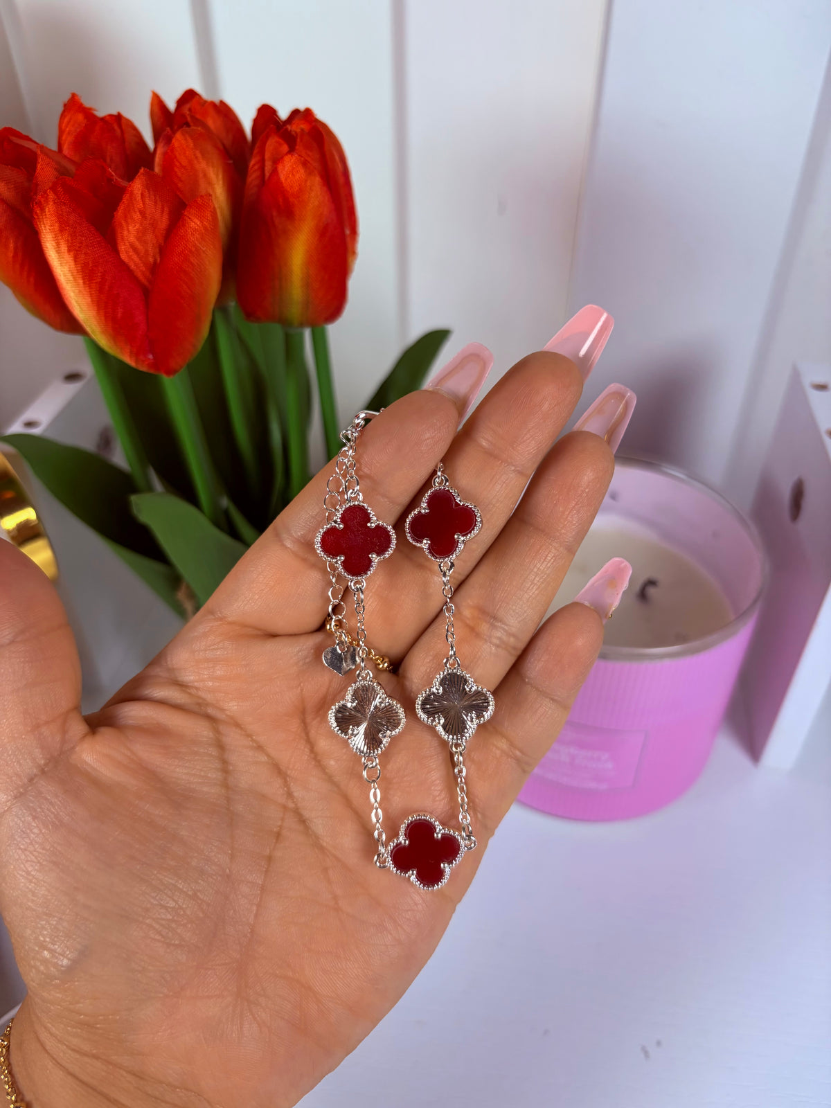 Small clover bracelet (burgundy & silver)