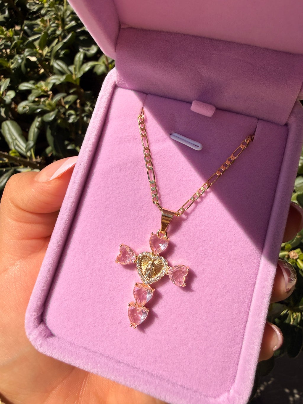 virgin mary pink cross