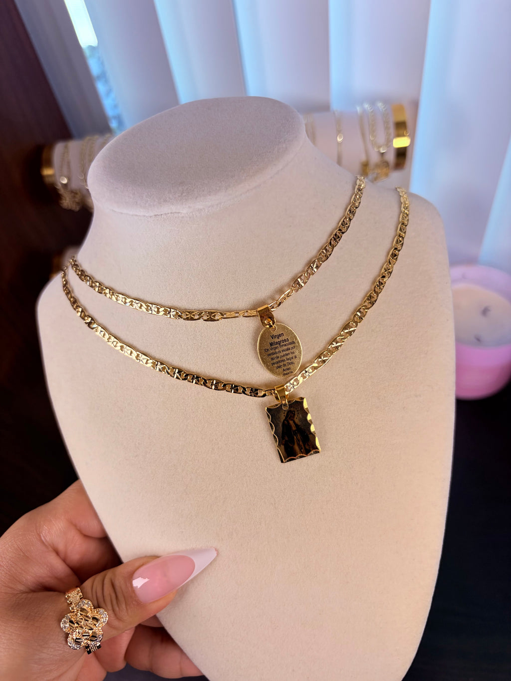 Virgin/prayer necklace