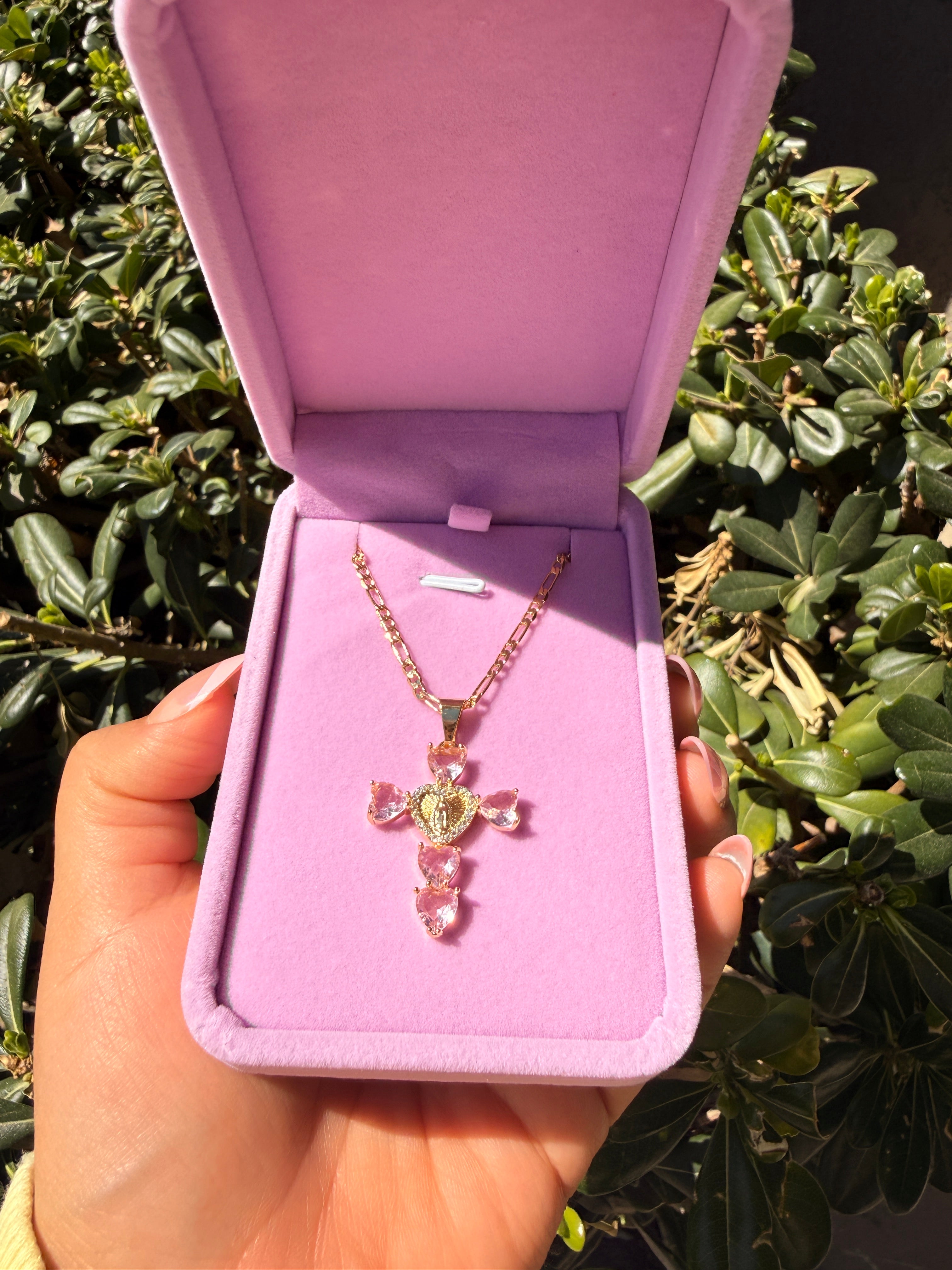 virgin mary pink cross